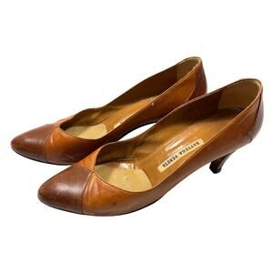 Rare VINTAGE BOTTEGA VENETA 7.5 Brown Leather Lizard Cap Toe Kitten Heel *As Is